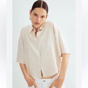 H&M Beige Women's Linen Button-Down Crop Shirt Oversized Size XLarge